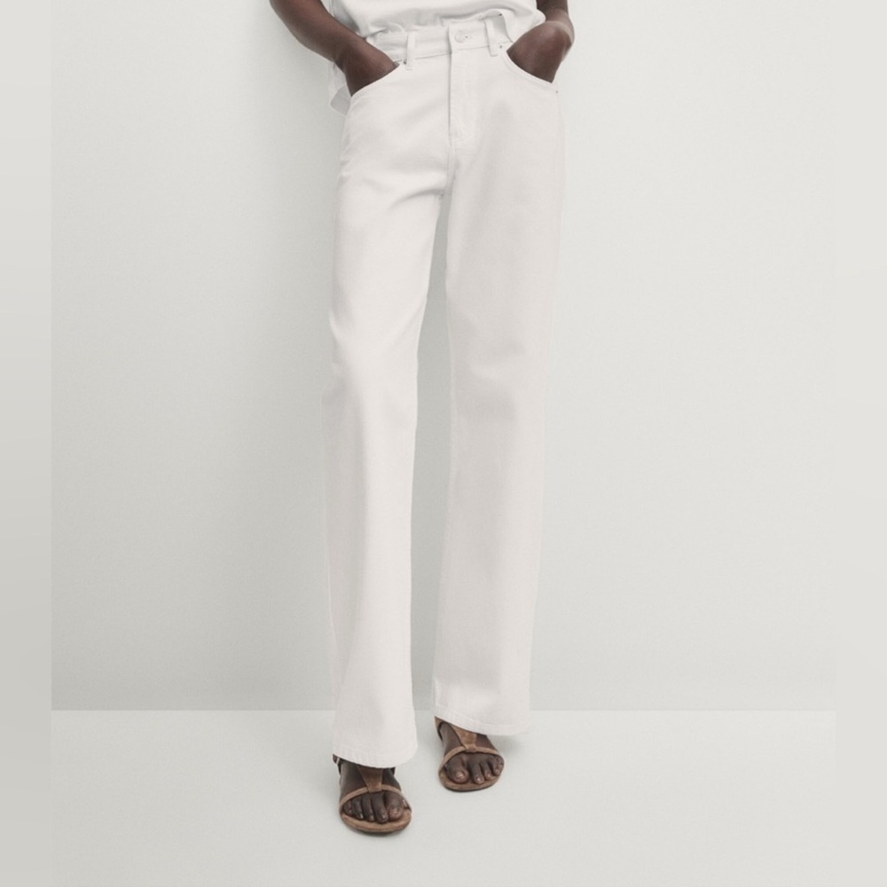 NWT Massimo Dutti Women's Mid RiseWide Leg Full Length White Jeans Size 12